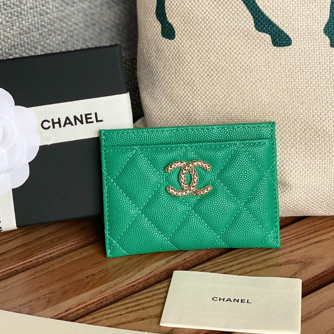 CHANEL card holder 10cm dark green caviar