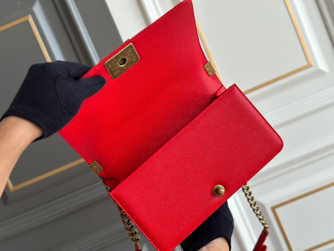 CHANEL boy medium 25 red quilted caviar antique ghw