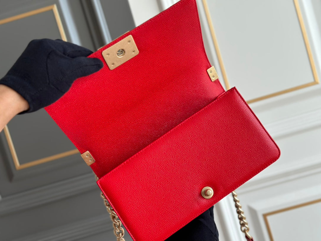 CHANEL boy medium 25 red quilted caviar aged ghw