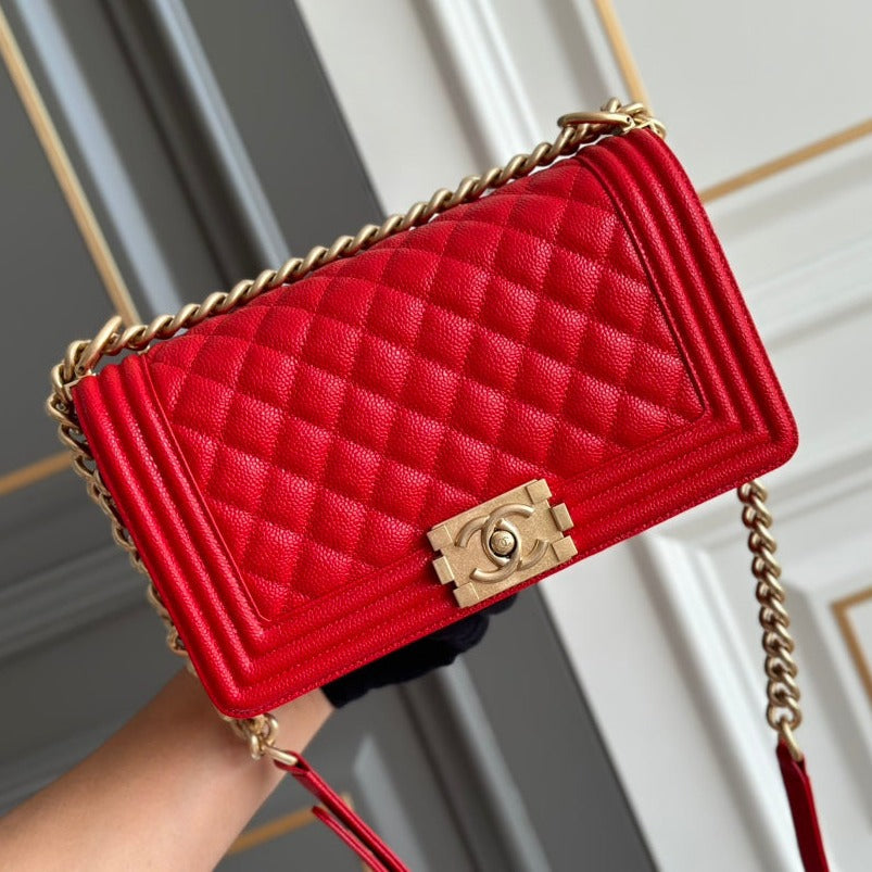 CHANEL boy medium 25 red quilted caviar aged ghw