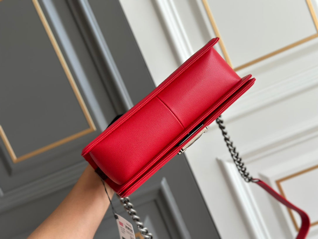 CHANEL boy 25 red quilted caviar ruthenium hardware