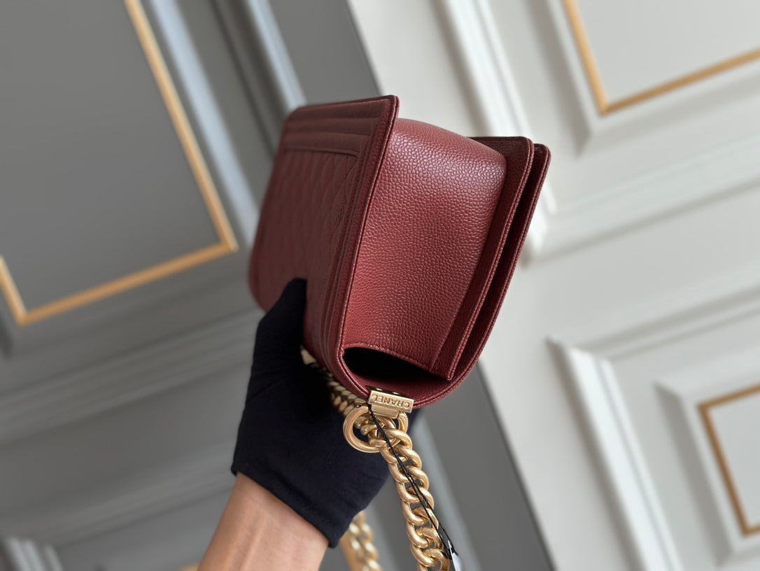 CHANEL boy medium 25 wine quilted caviar aged ghw