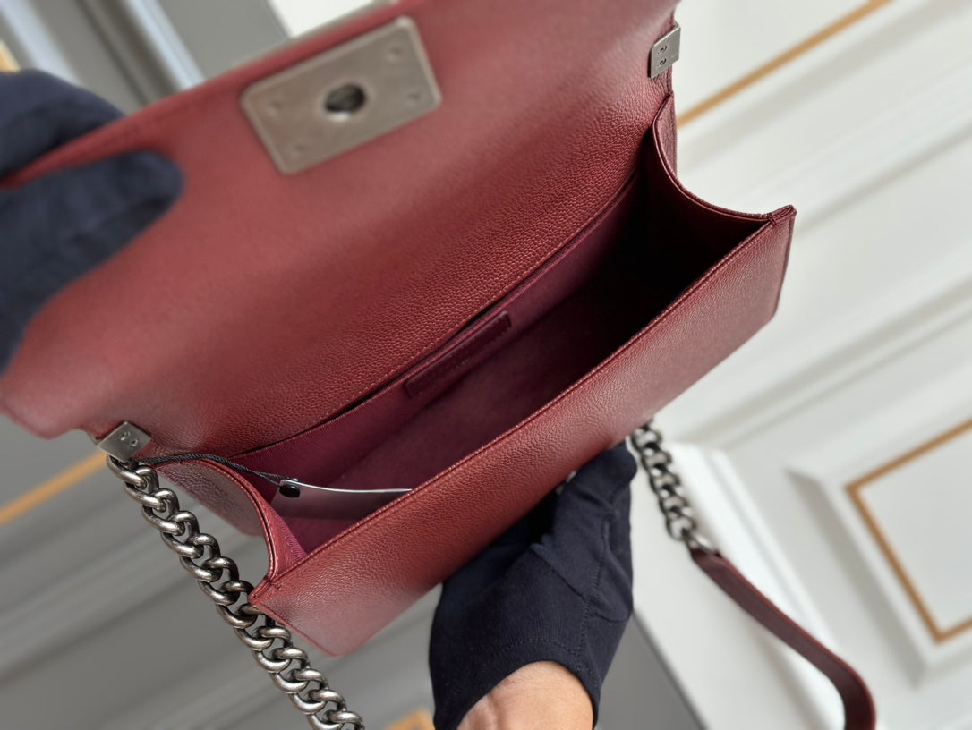 CHANEL boy medium 25 wine quilted caviar ruthenium hardware