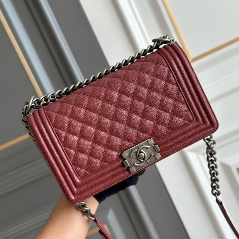 CHANEL boy medium 25 wine quilted caviar ruthenium hardware