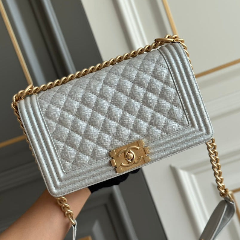 CHANEL boy medium 25 grey quilted caviar aged gold hardware