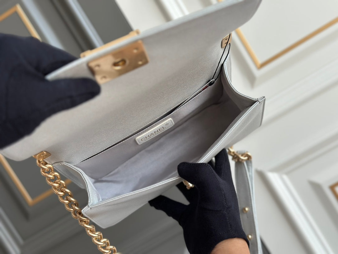 CHANEL boy medium 25 grey quilted caviar aged gold hardware