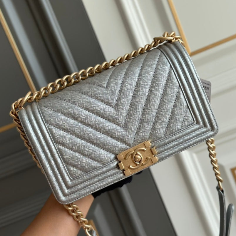 CHANEL boy medium 25 grey chevron caviar aged gold hardware