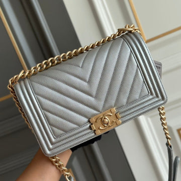 CHANEL boy medium 25 grey chevron caviar aged gold hardware