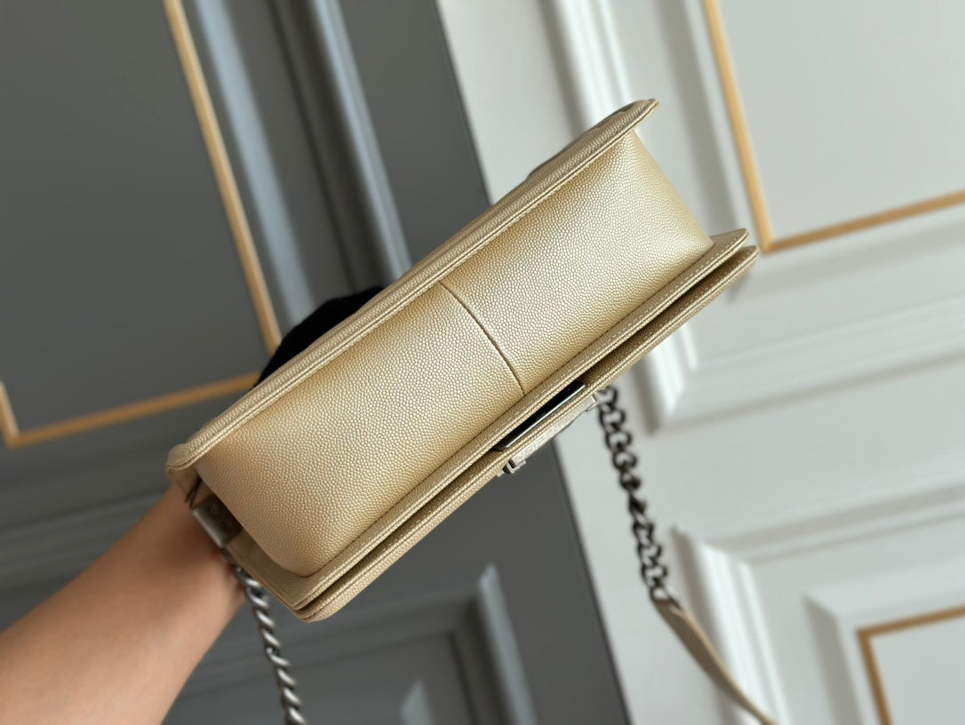 CHANEL boy medium 25 beige chevron caviar ruthenium hardware