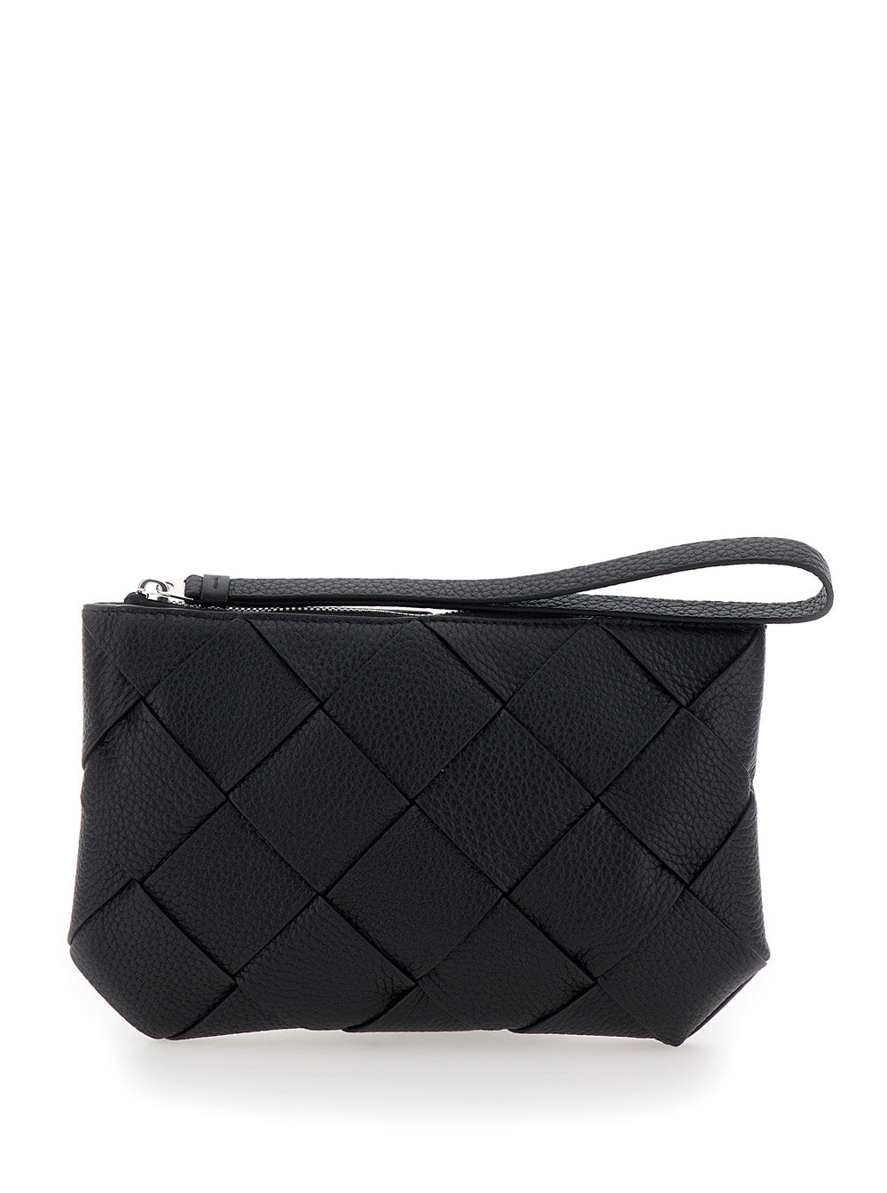 Bottega Veneta Men Black Medium Clutch With Intreccio Motif In Grained Leather Man