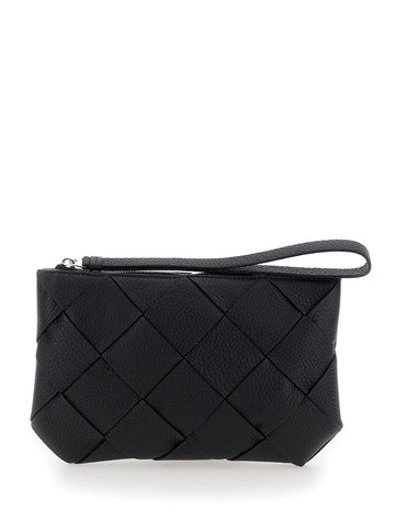 Bottega Veneta Men Black Medium Clutch With Intreccio Motif In Grained Leather Man