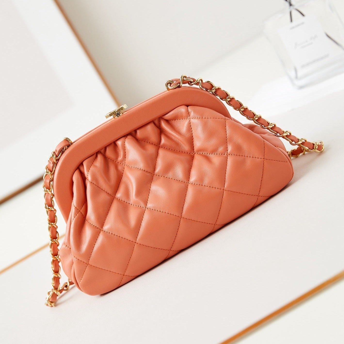 CHANEL 24a clutch 24cm orange lambskin gold hardware