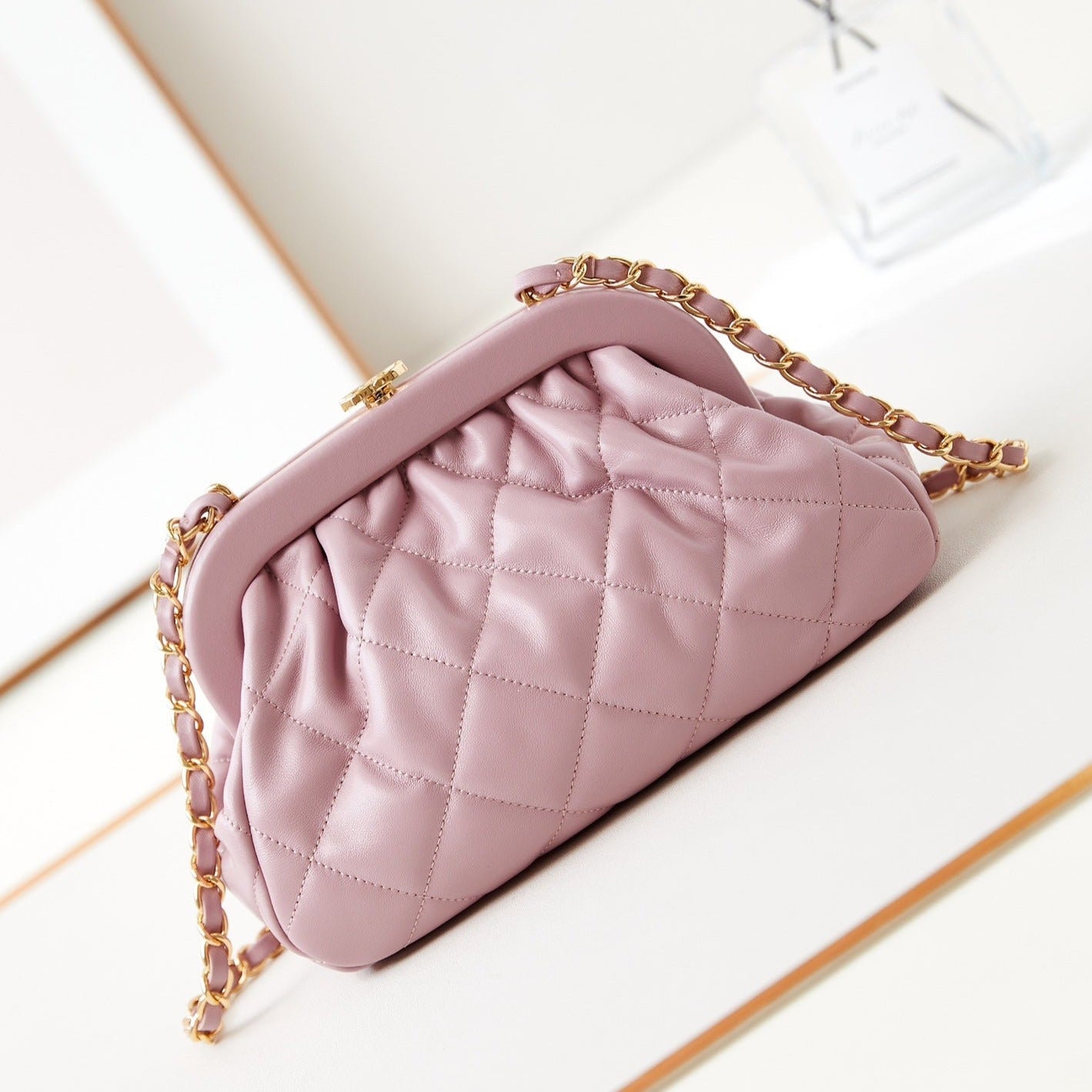 CHANEL 24a clutch 24cm light pink lambskin gold hardware