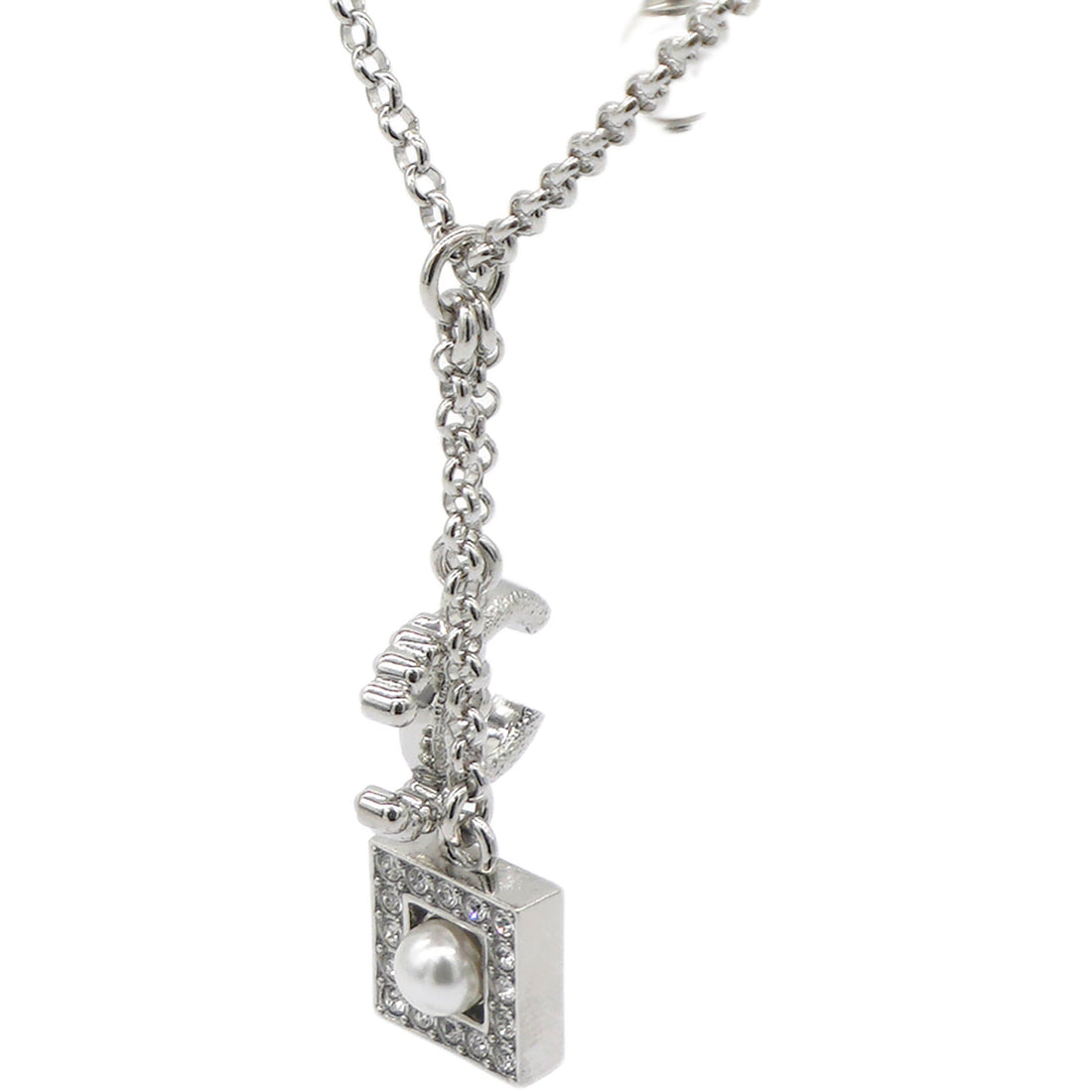 Chanel Pearl Rhinestone CC Logo Square Pendant Silver Pendant Necklace