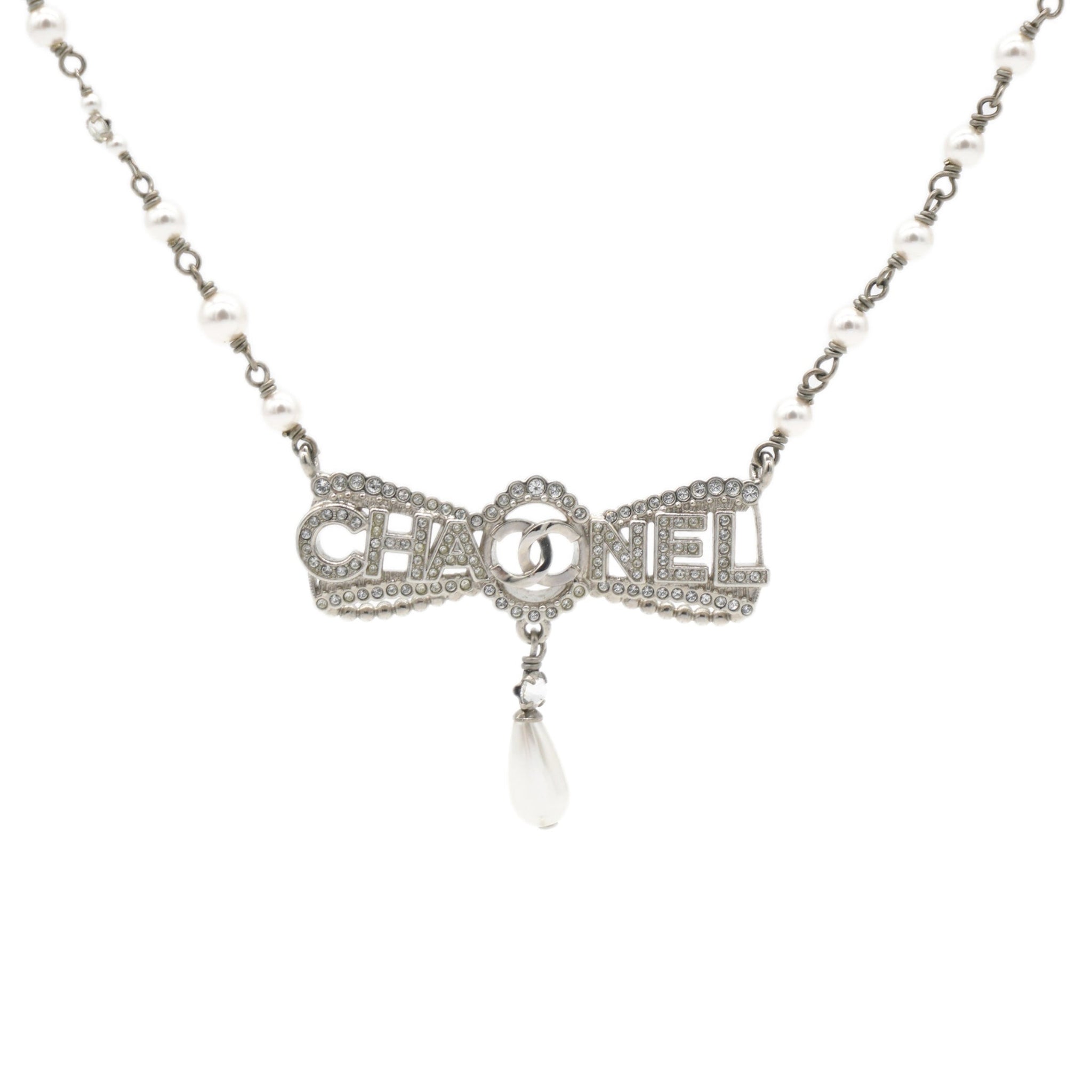 Chanel Metal Coco Mark Necklace Pearl Rhinestone