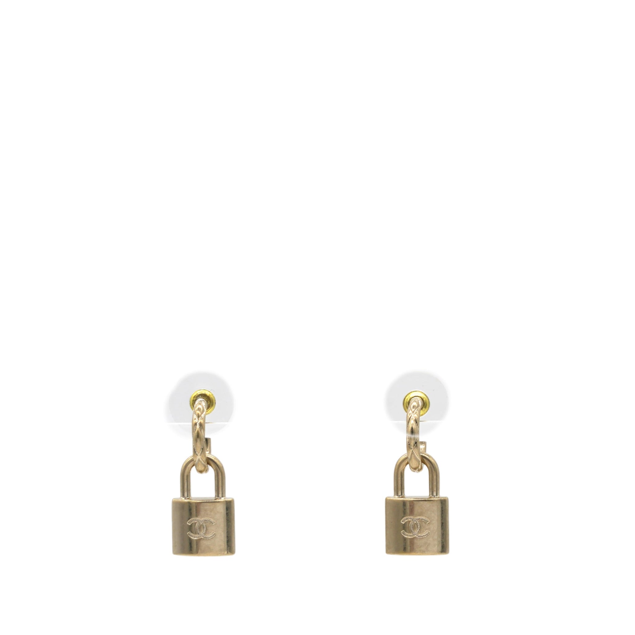 Chanel Metal Lock Drop Earrings Light Gold