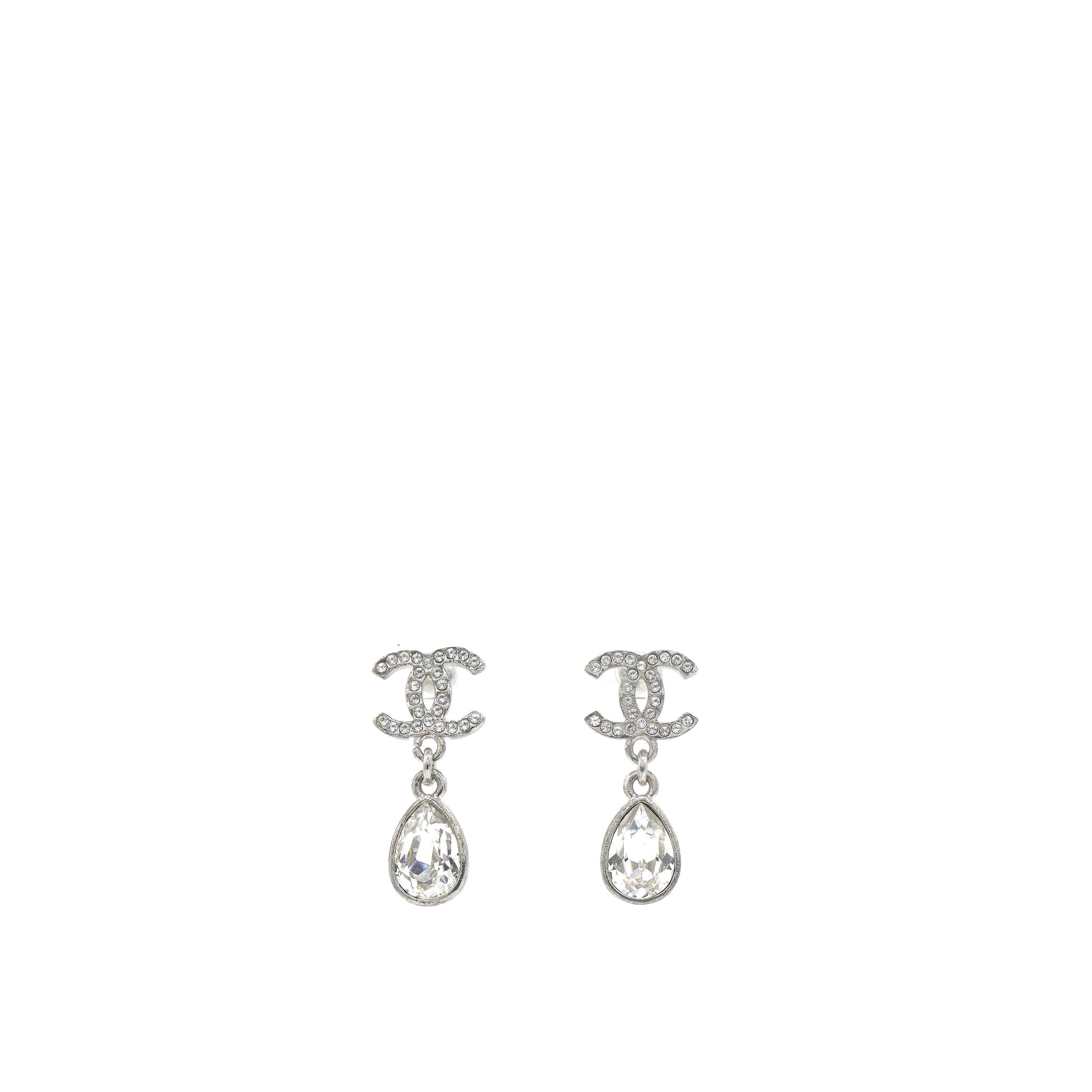 Chanel Silver Metal and Crystal CC Teardrop Earrings