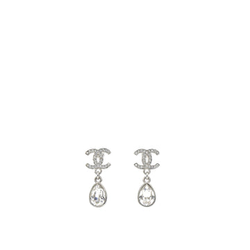 Chanel Silver Metal and Crystal CC Teardrop Earrings