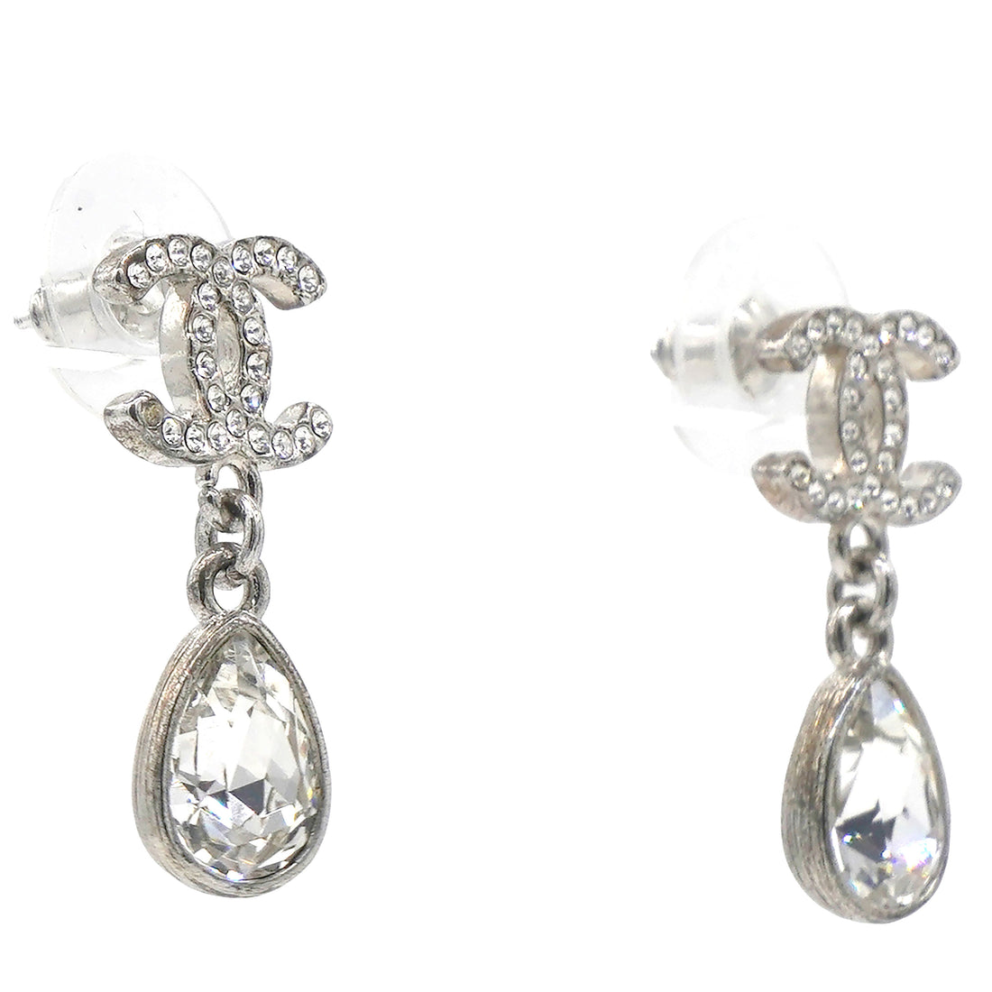 Chanel Silver Metal and Crystal CC Teardrop Earrings