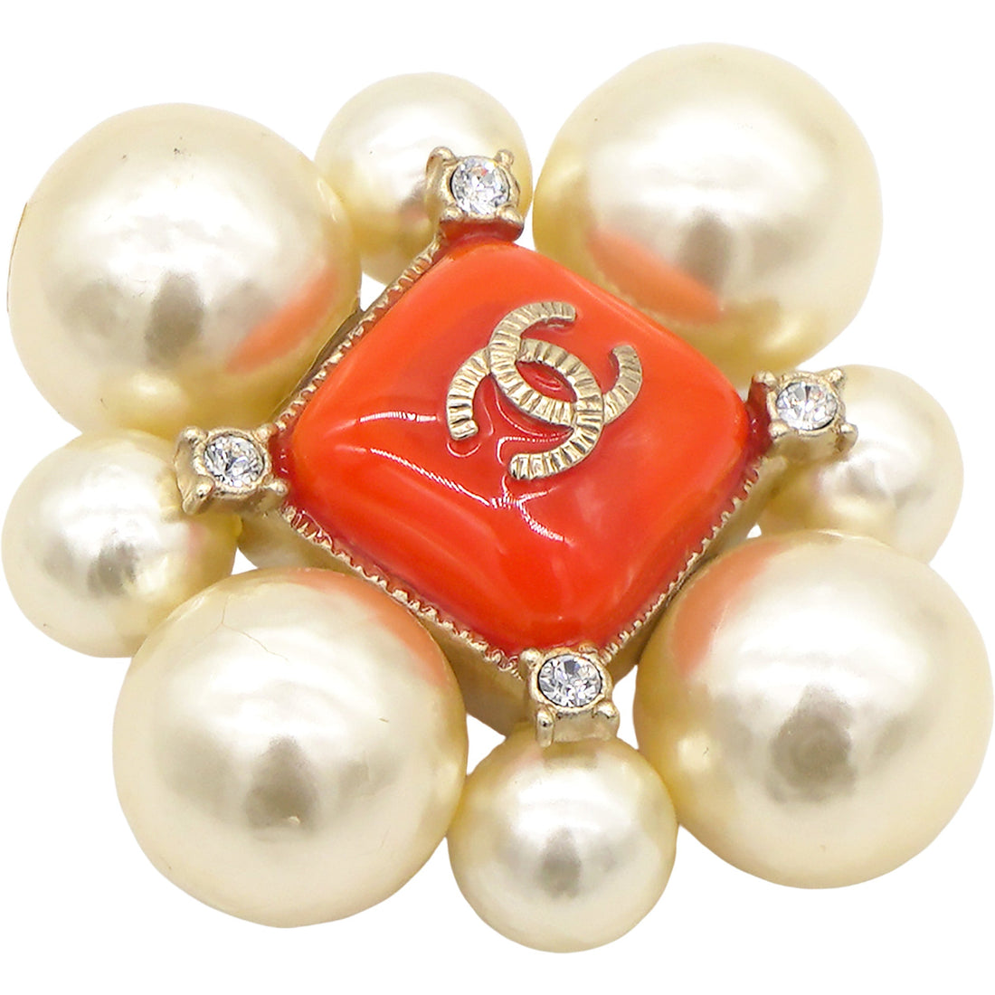 Chanel Pearl Crystal CC Brooch Orange Gold