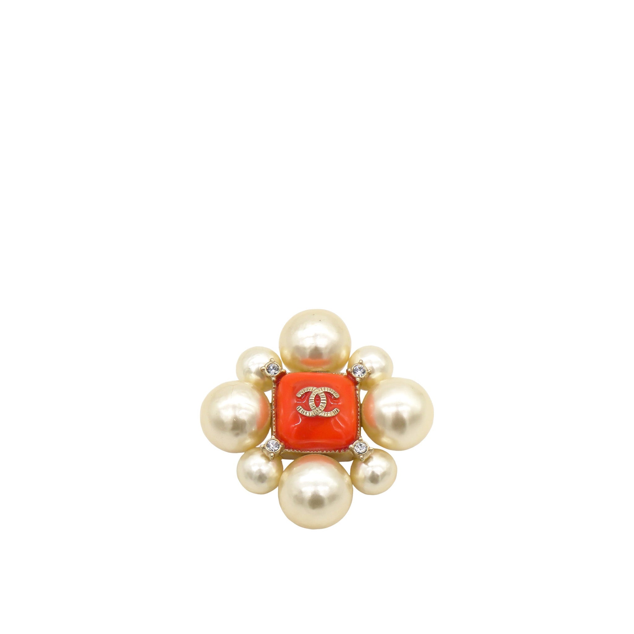 Chanel Pearl Crystal CC Brooch Orange Gold