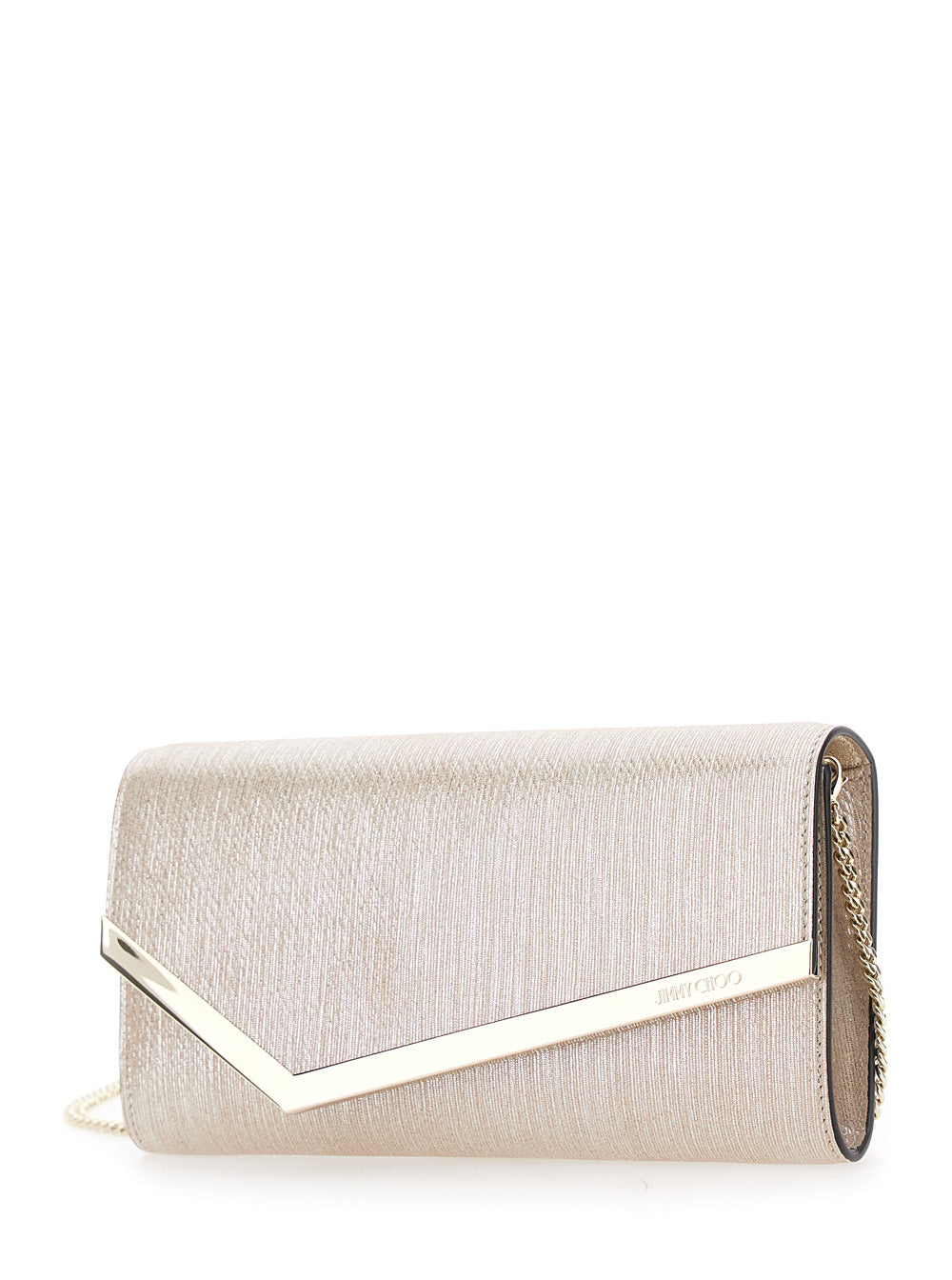 Jimmy Choo Women 'Emmie' Metallic Clutch With Chain-Link Shoulder Strap And Embossed Logo Lettering On The Front In Leather Woman