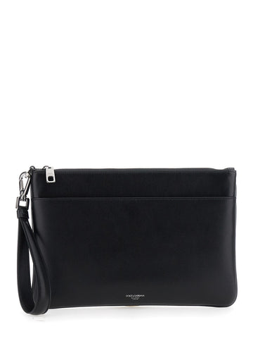 Dolce & Gabbana Men Black Clutch With Removable Wrist Strap And Logo Lettering On The Front In Leather Man