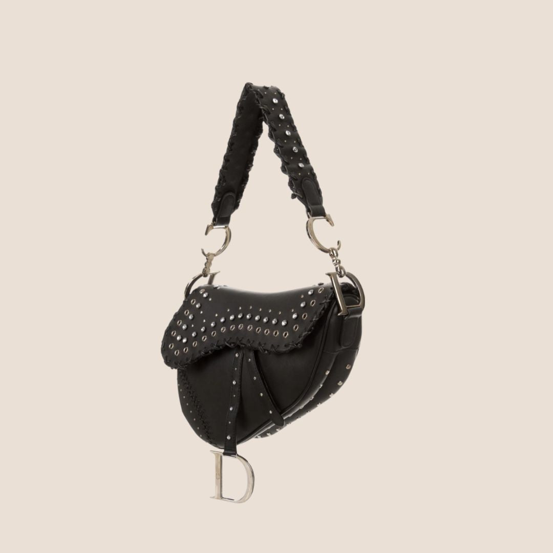 CHRISTIAN DIOR 2004 BLACK SUEDE EMBELLISHED WHIPSTITCH SADDLE BAG