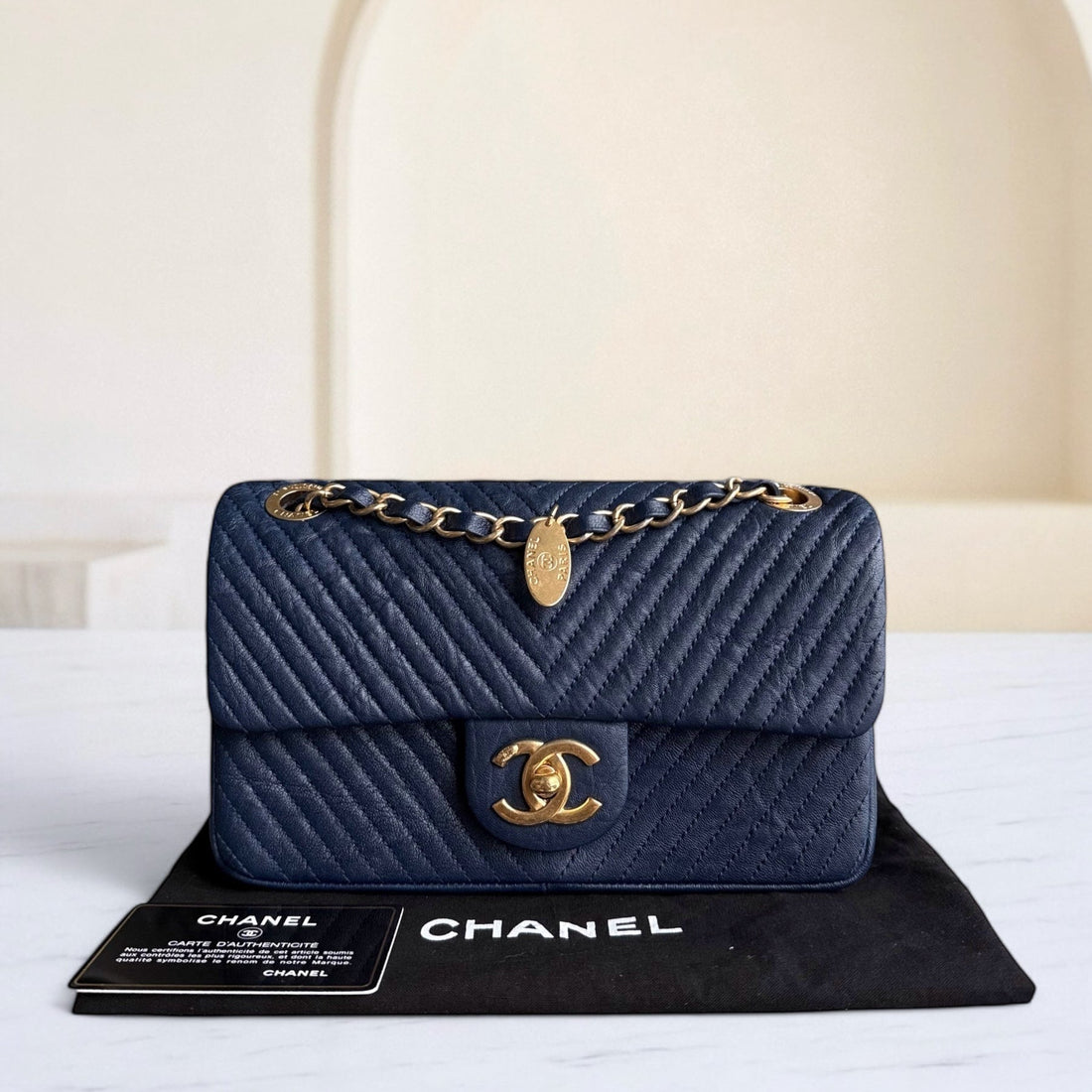 Chanel Seasonal Flap Small - 23CM Surpique CC Herringbone Medallion Flap Chevron Dark Navy Blue Gold Hardware Series 21