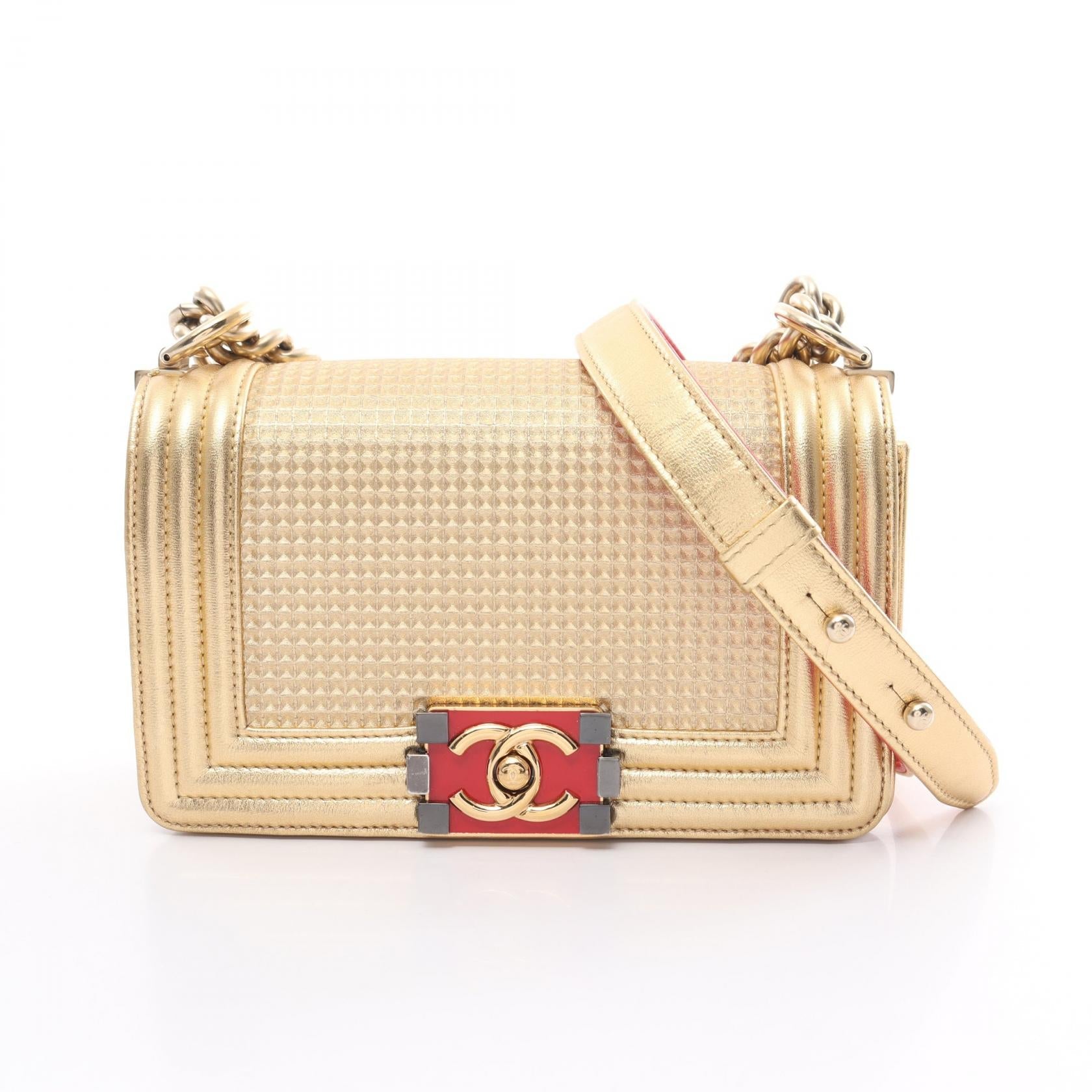 Chanel Boy Leather Shoulder Bag Gold/Red