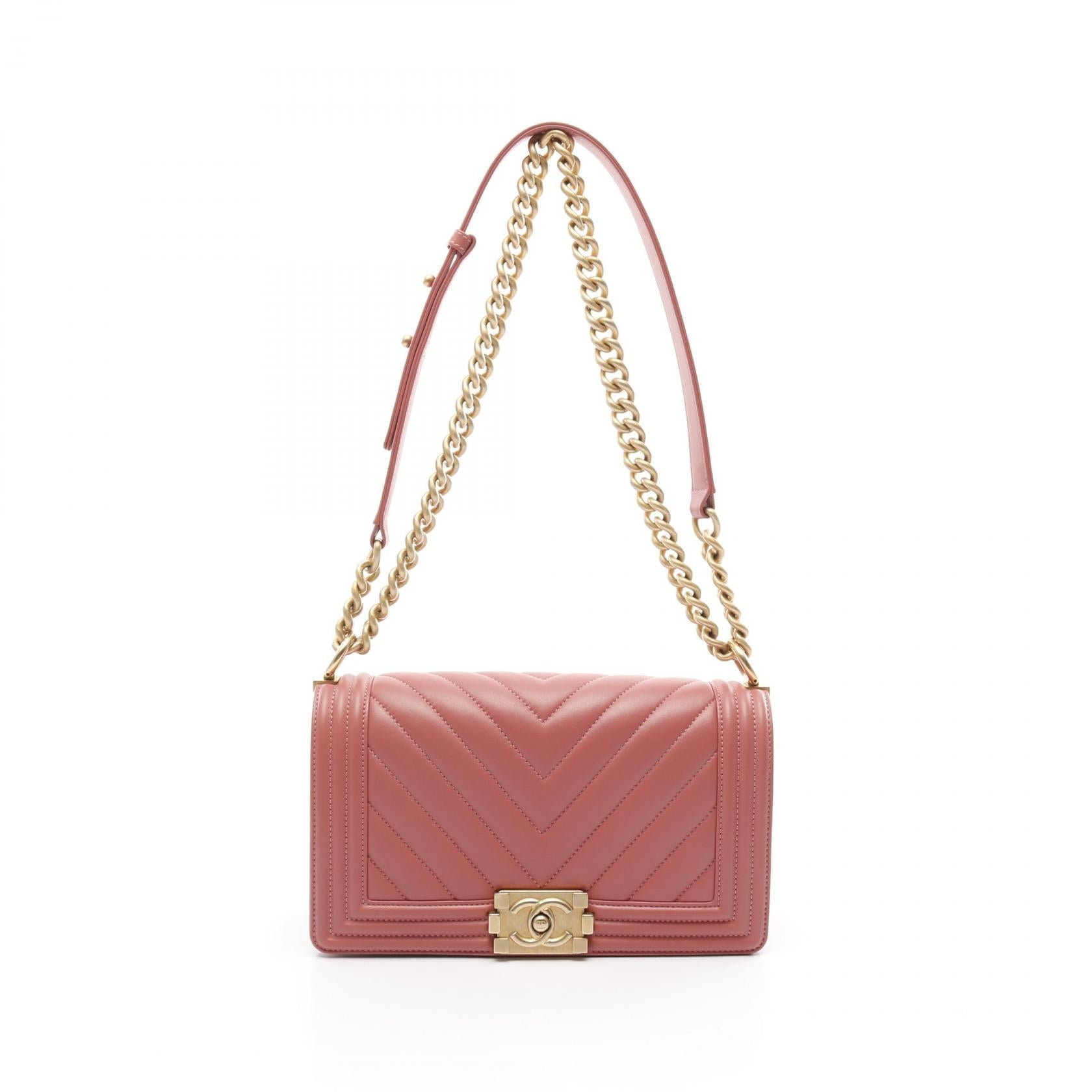 Chanel Boy Chevron Leather Shoulder Bag Pink