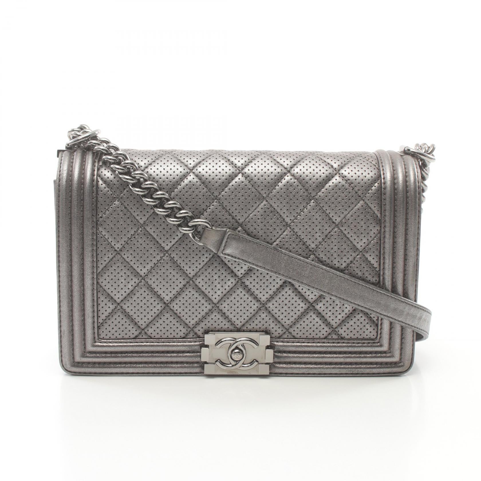 Chanel Boy Leather Shoulder Bag Silver