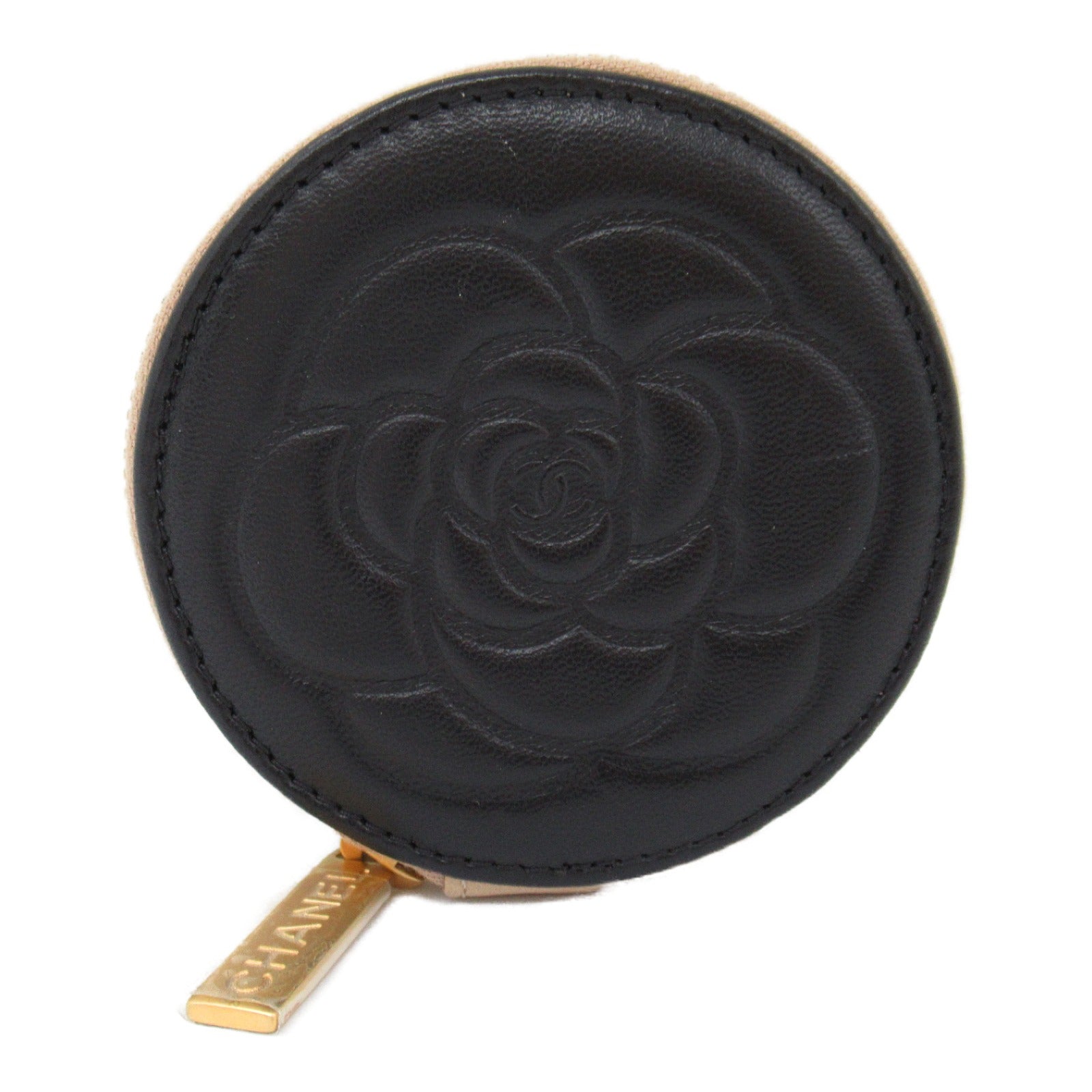 Chanel Camellia Round Zip Pouch Leather Vanity Bag 7849067 in New Condition