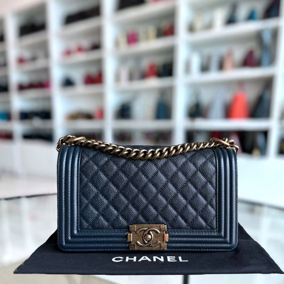 Chanel Boy Medium - Caviar 25CM Quilted Dark Blue Ruthenium Gold Hardware Series 19
