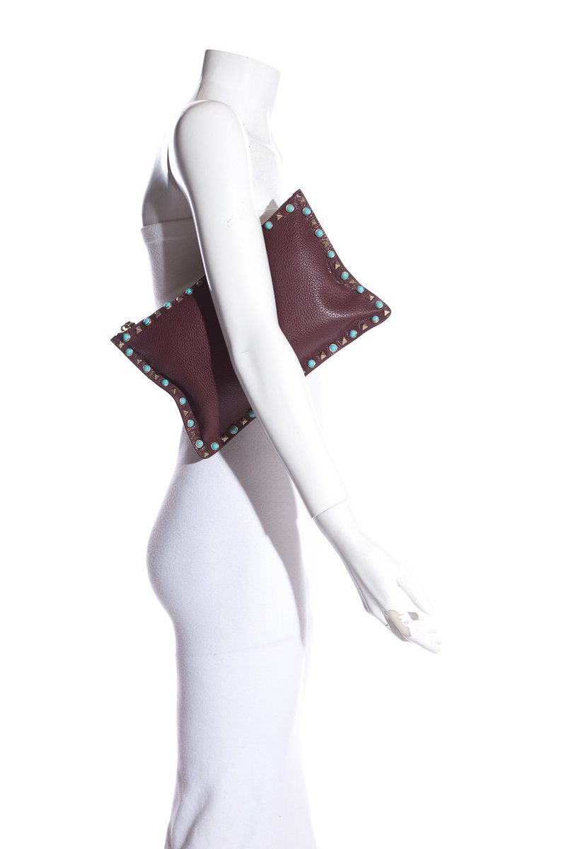 Valentino Plum Leather Rockstud Turquoise Accent Clutch