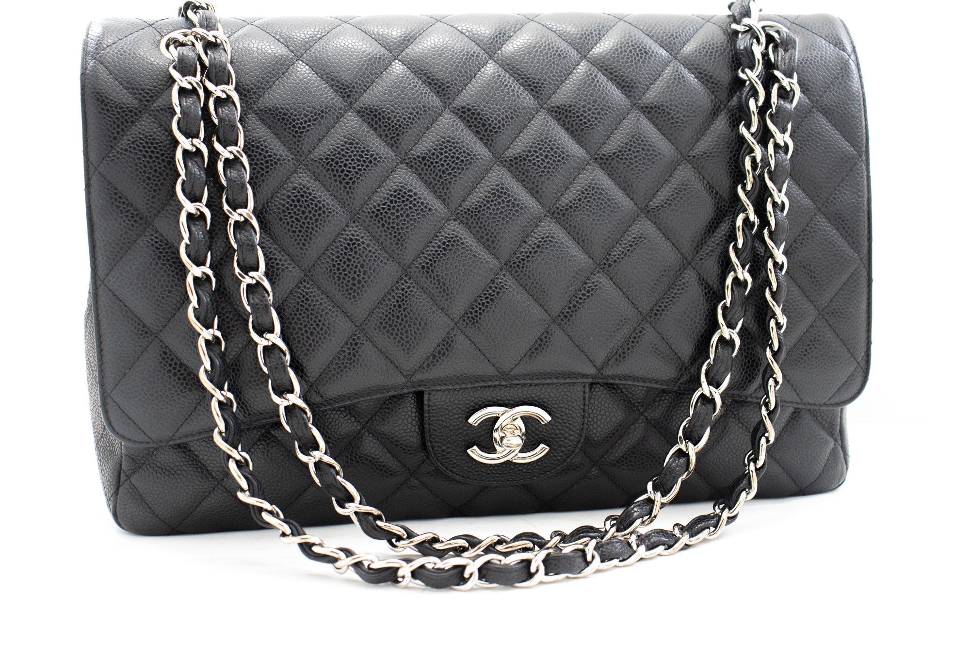 CHANEL Caviar Grained Calfskin Flap Chain Shoulder Bag Black 13" i90