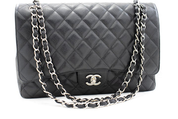 CHANEL Caviar Grained Calfskin Flap Chain Shoulder Bag Black 13" i90