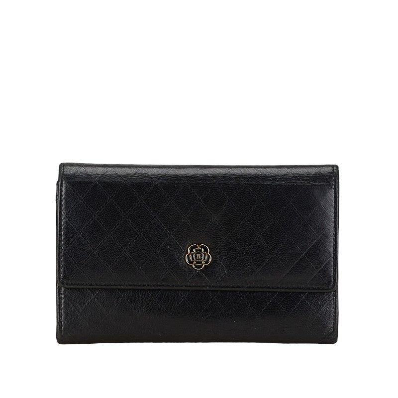 Chanel Camellia Matelasse GINZA Medium Compact Wallet Black Leather