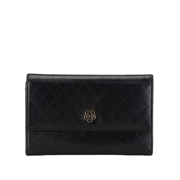Chanel Camellia Matelasse GINZA Medium Compact Wallet Black Leather
