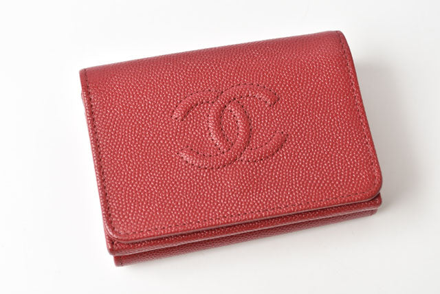 Chanel Caviar Skin Mini Trifold Wallet Dark Red