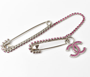Chanel Brooch Coco Mark Rhinestone Silver Magenta