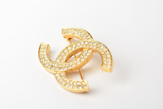 Chanel Brooch Coco Mark Rhinestone Gold