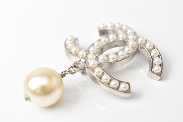 Chanel Brooch with Rhinestones and Faux Pearls, Silver