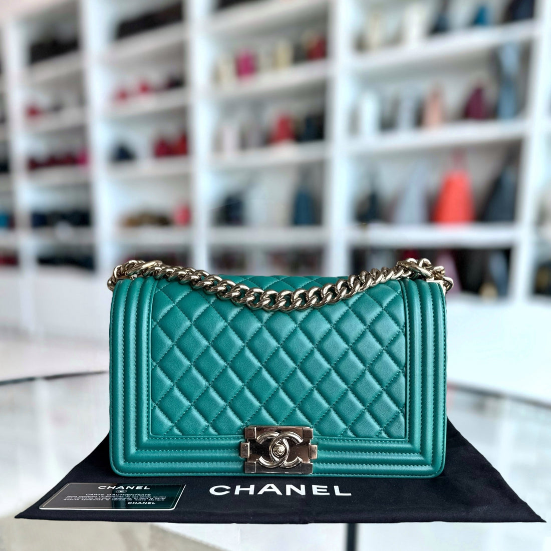 Chanel Boy Medium - 25CM Quilted Lambskin Green Gold Hardware Series 28