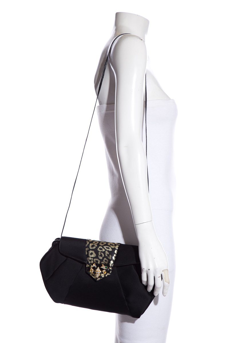 Sharif Black Satin Leopard Rhinestone Evening Clutch
