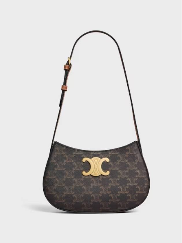 CELINE Tilly Triomphe Medium Canvas Calfskin Shoulder Bag Tan