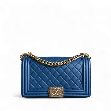 Chanel Boy Medium - 25CM Quilted Lambskin Blue Gold Hardware Limited Edition Gold Hardware Series 23