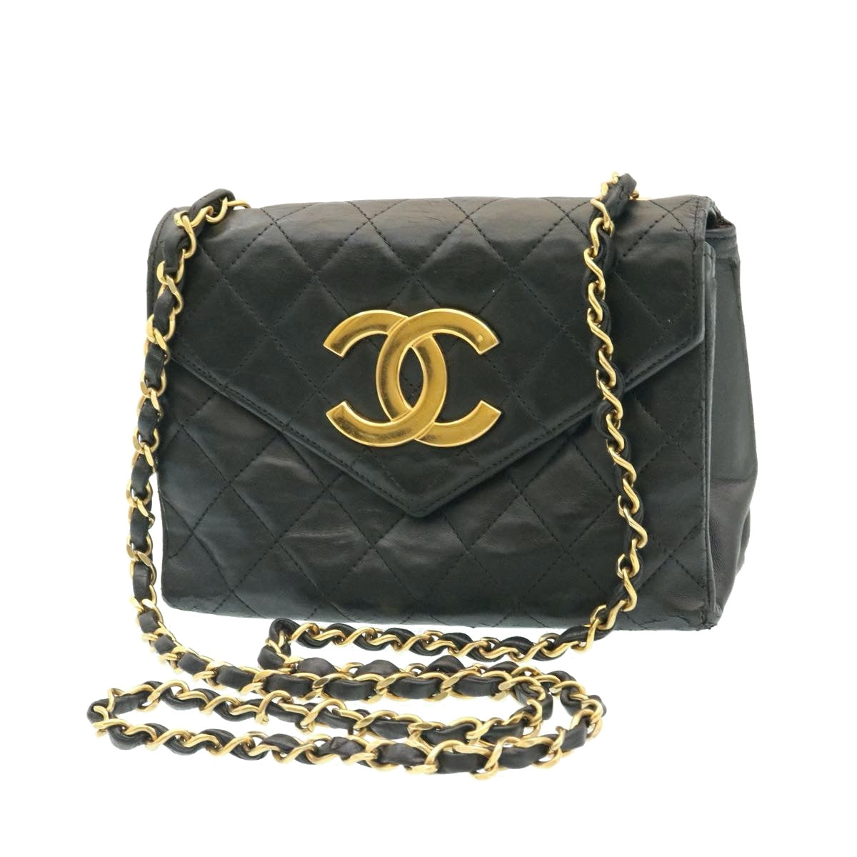 Top Quality Chanel Lamb Skin Matelasse Chain Shoulder Bag Black CC Auth 25810A