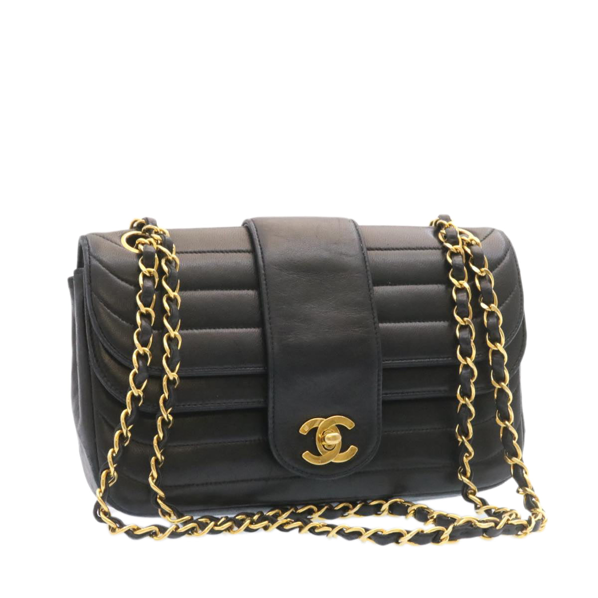 Top Quality Chanel Lamb Skin Double New Chain Shoulder Bag Black CC Auth 26207A