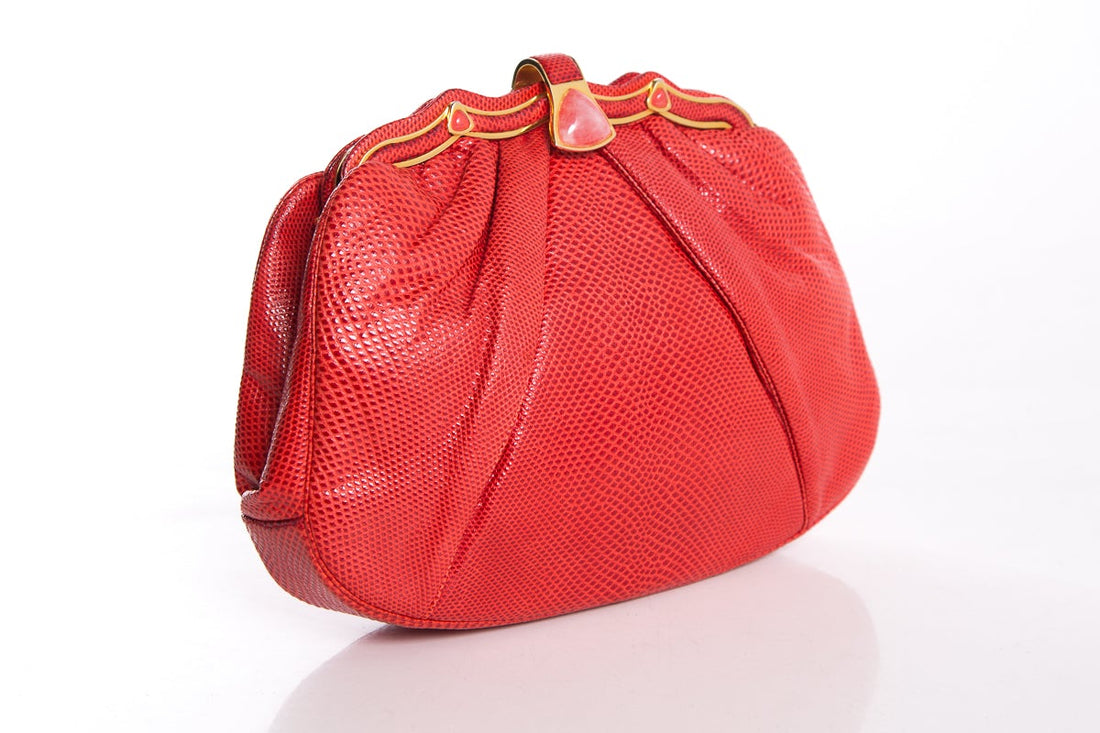 Judith Leiber Red Karung Snake Rose Quartz Clasp Clutch